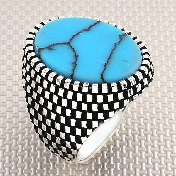 Dama Desenli Oval Taşlı Toptan Gümüş Erkek Yüzük