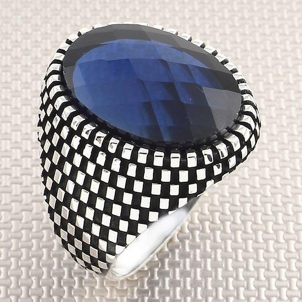 Dama Desenli Oval Taşlı Toptan Gümüş Erkek Yüzük