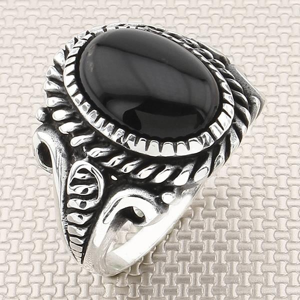 Gotik Tasarım Oval Taşlı Toptan Gümüş Erkek Yüzük