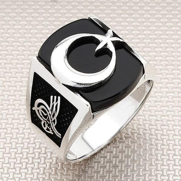 Osmanlı Tuğra ve Ay Yıldız Düz Taşlı Toptan Gümüş Erkek Yüzük