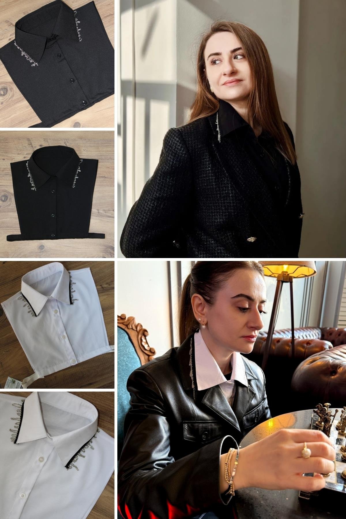 2'li Paket Zincirli Gömlek Yakası - Siyah ve Beyaz