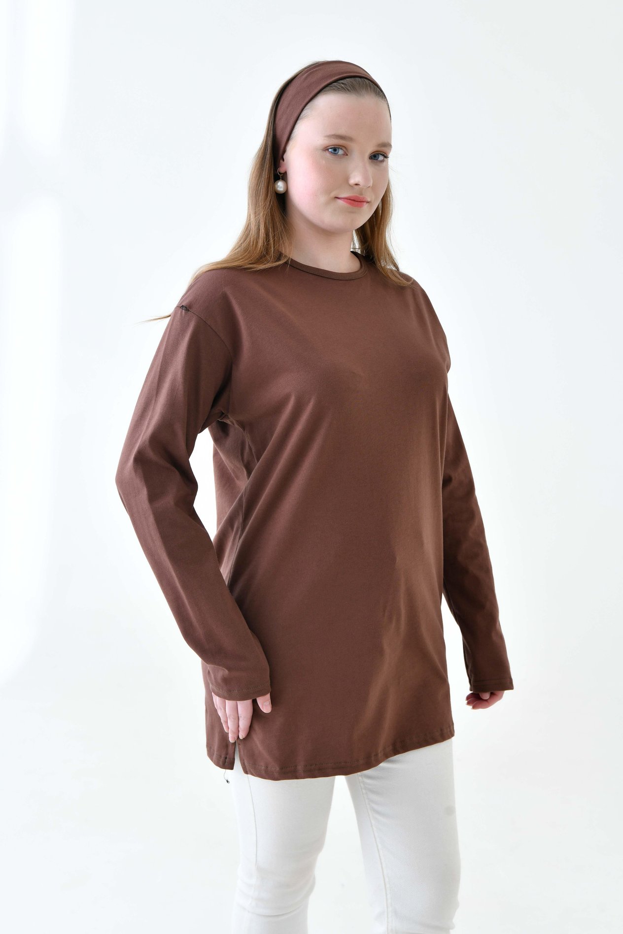 MIRACH Curve Büyük Beden Uzun Kollu Tunik (Bandana Hediyeli) - Bitter