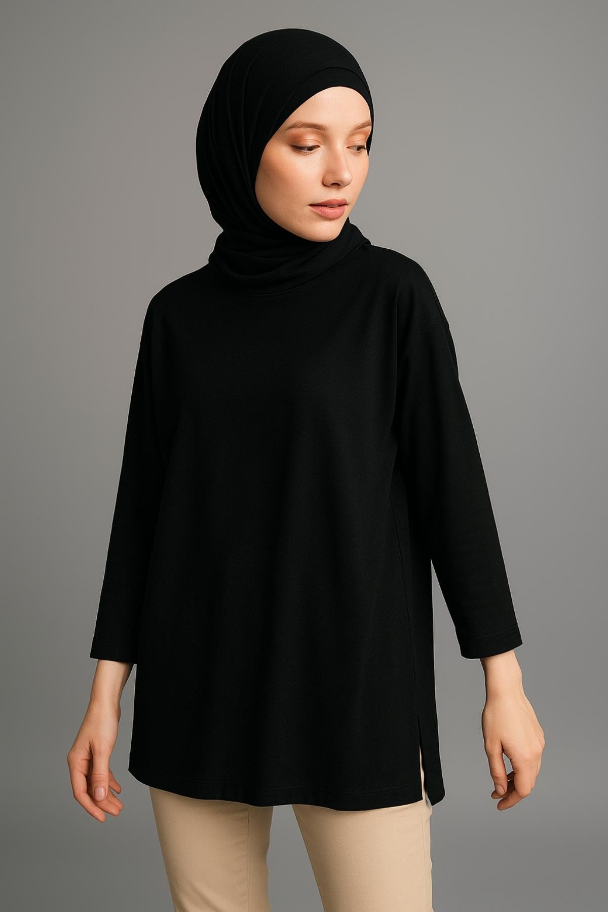Uzun Kollu Örme Tunik - Siyah