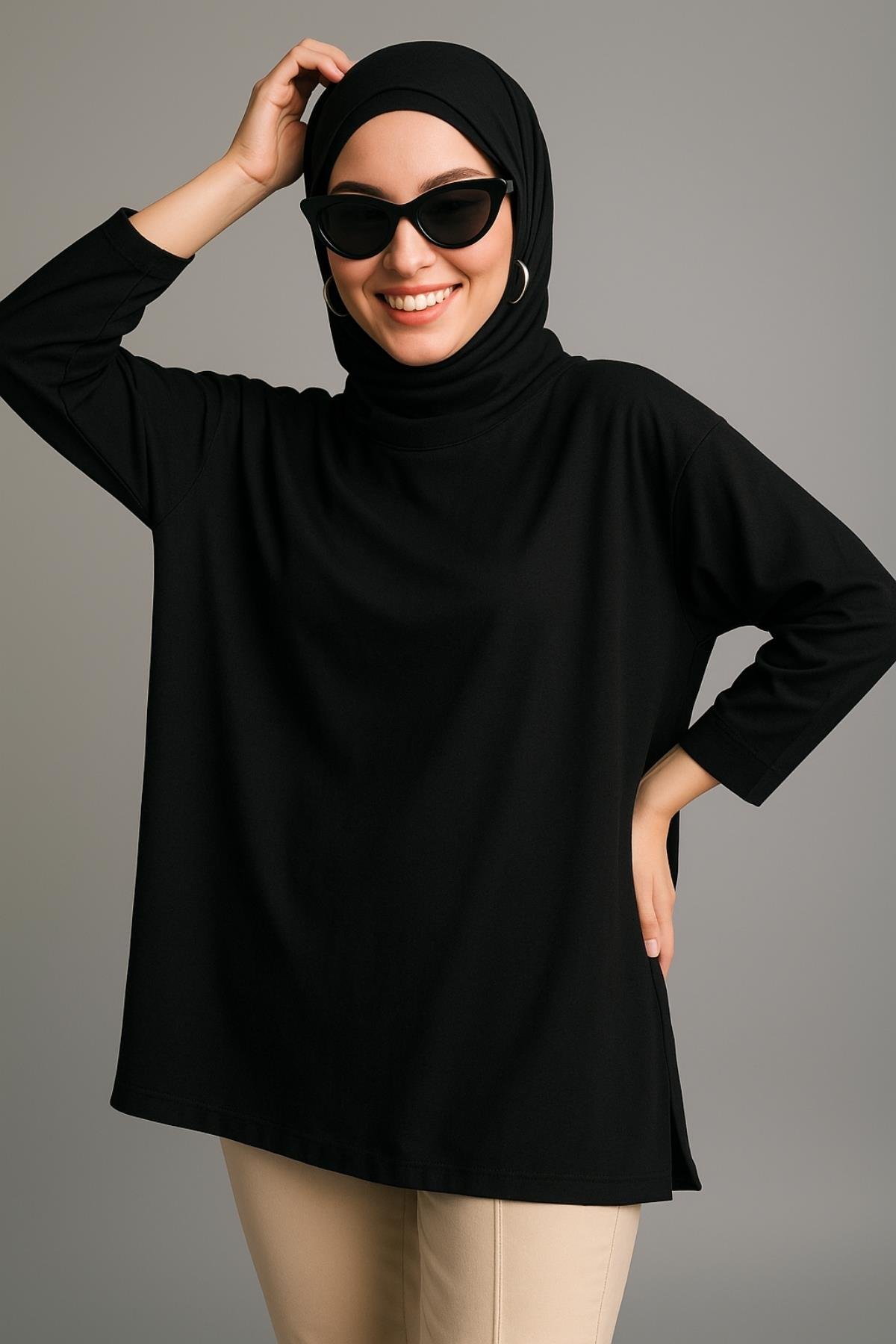 Uzun Kollu Örme Tunik - Siyah