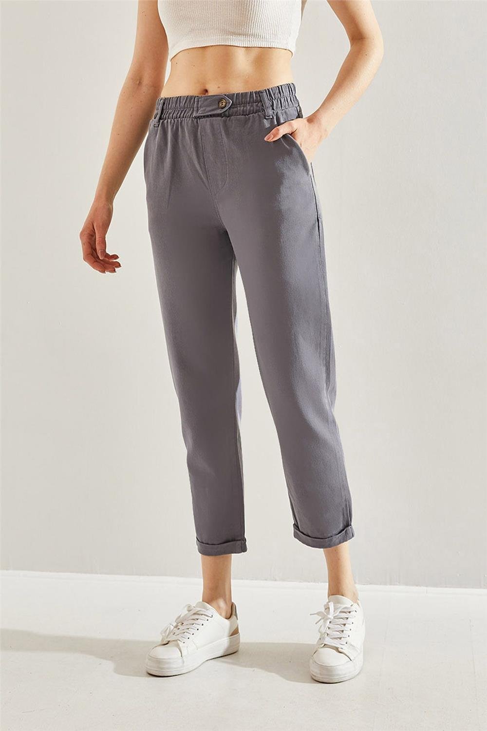 Beli Lastikli Parça Detaylı Gabardin Pantolon 60221014 - Antrasit