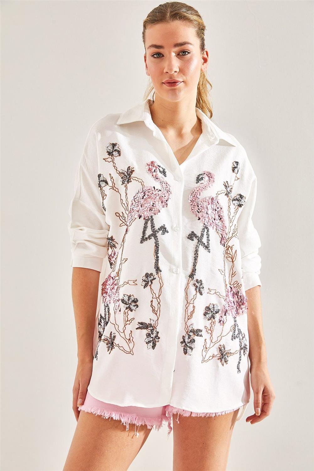 Flamingo Pul Nakışlı Sofya Keten Gömlek 60181012 - Beyaz
