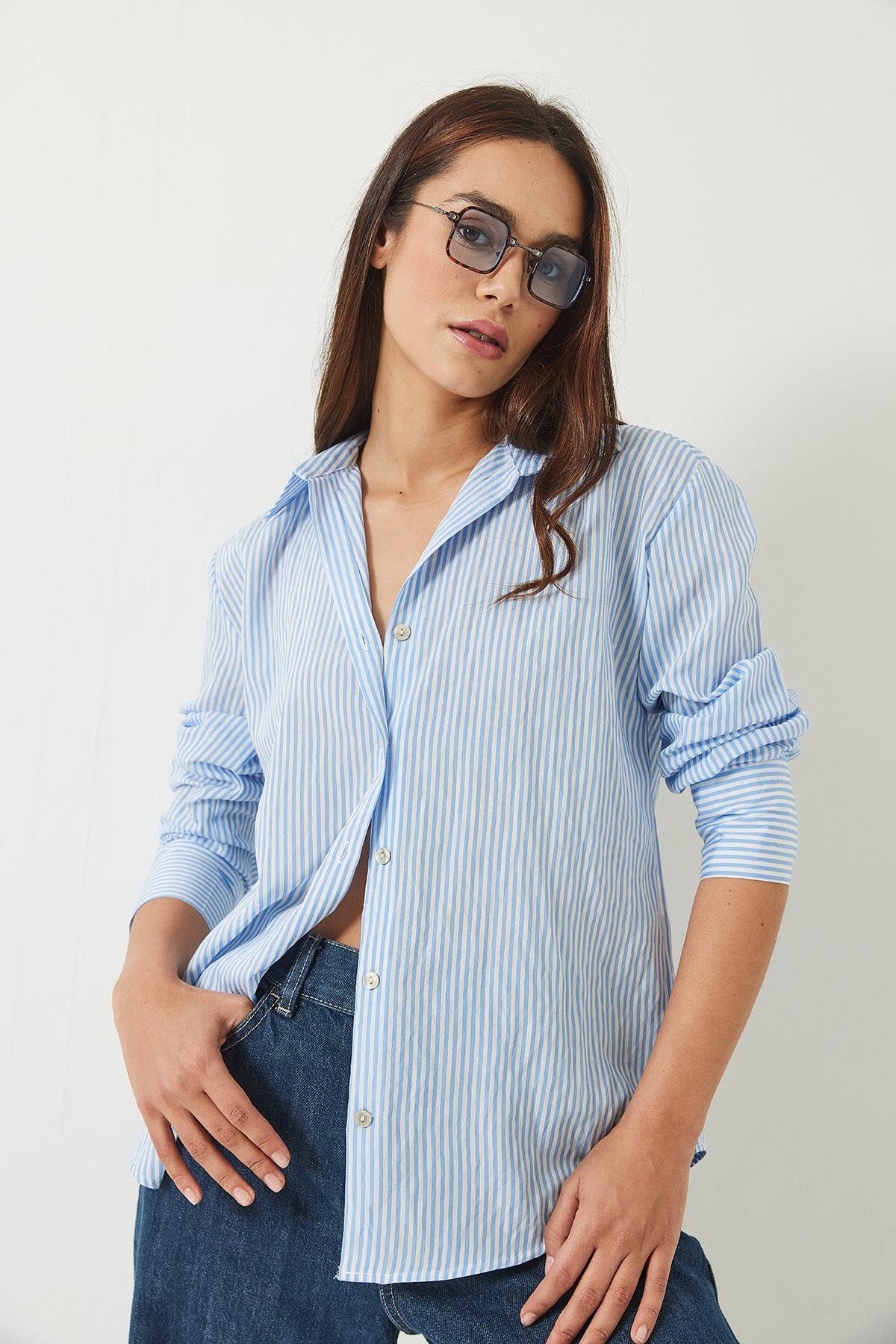 İnce Çizgili Regular Pamuk Basic Poplin Gömlek 2067 60283104 - Mavi