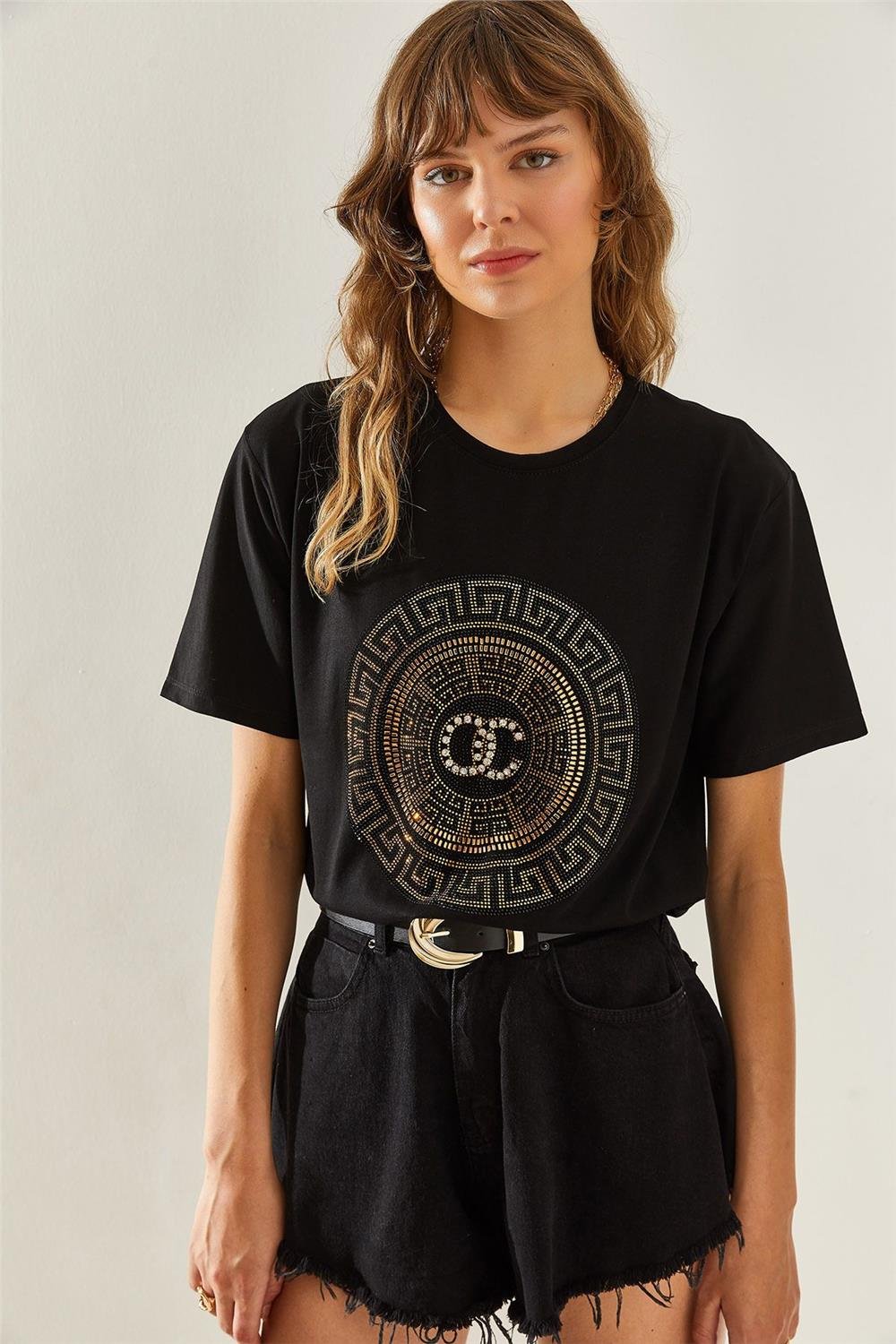 Kadın Bisiklet Yaka Taş Detaylı Basic Penye T-Shirt 60251238 - Siyah