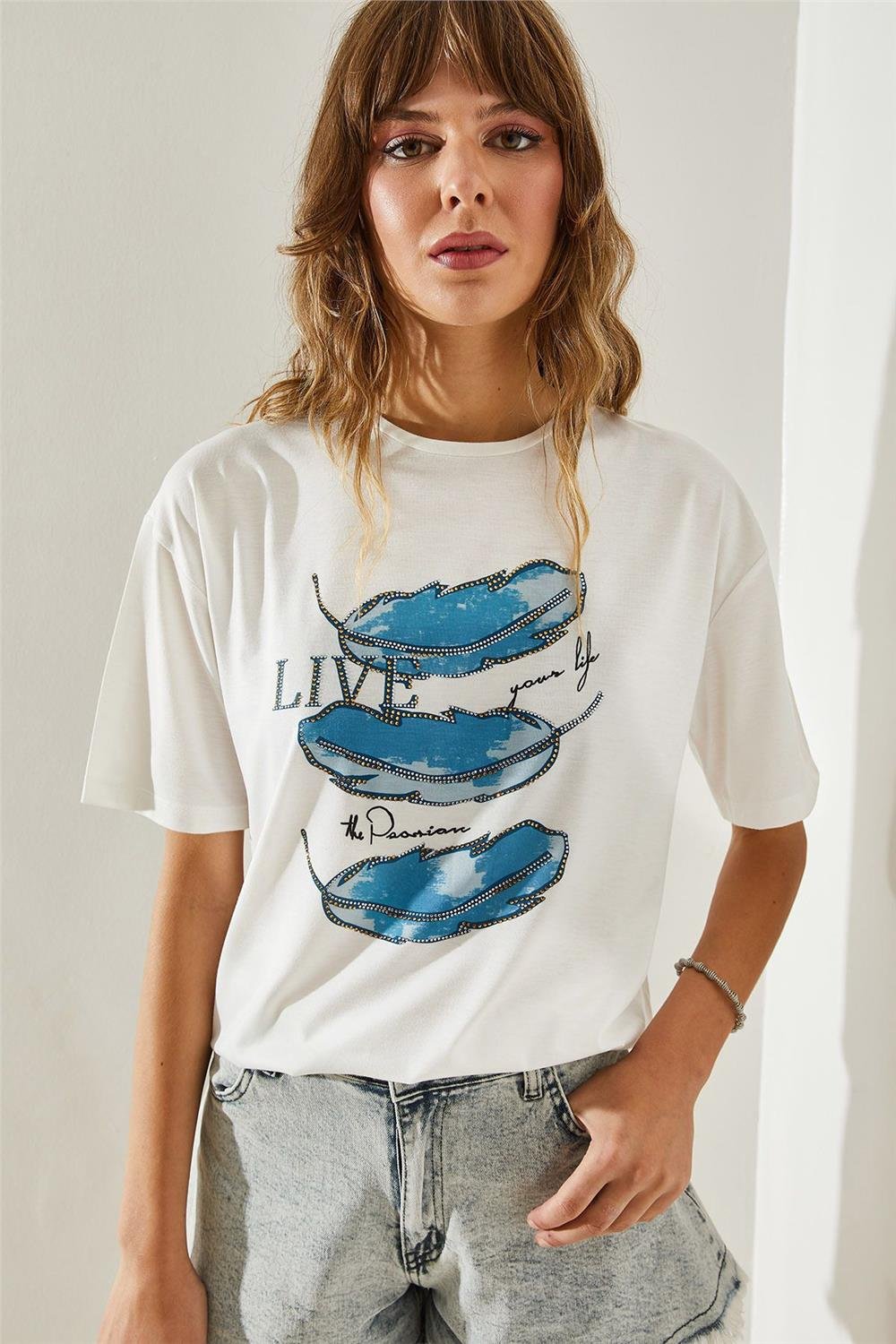 Kadın Dijital Baskılı Taş İşlemeli T-Shirt 60251383 - Mavi
