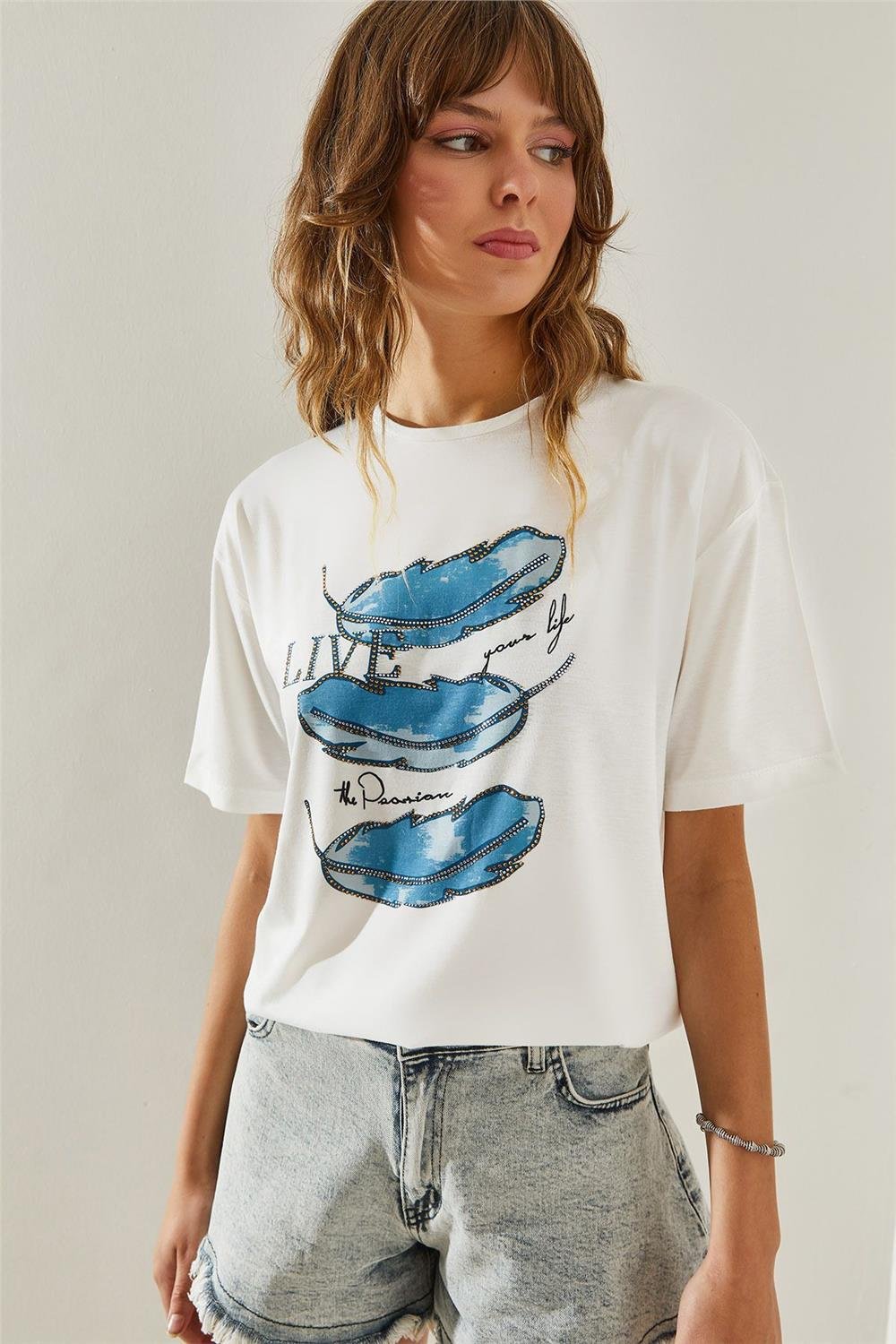 Kadın Dijital Baskılı Taş İşlemeli T-Shirt 60251383 - Mavi