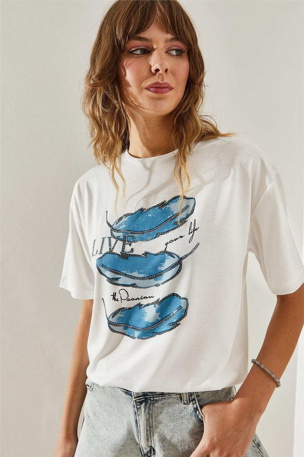 Kadın Dijital Baskılı Taş İşlemeli T-Shirt 60251383 - Mavi