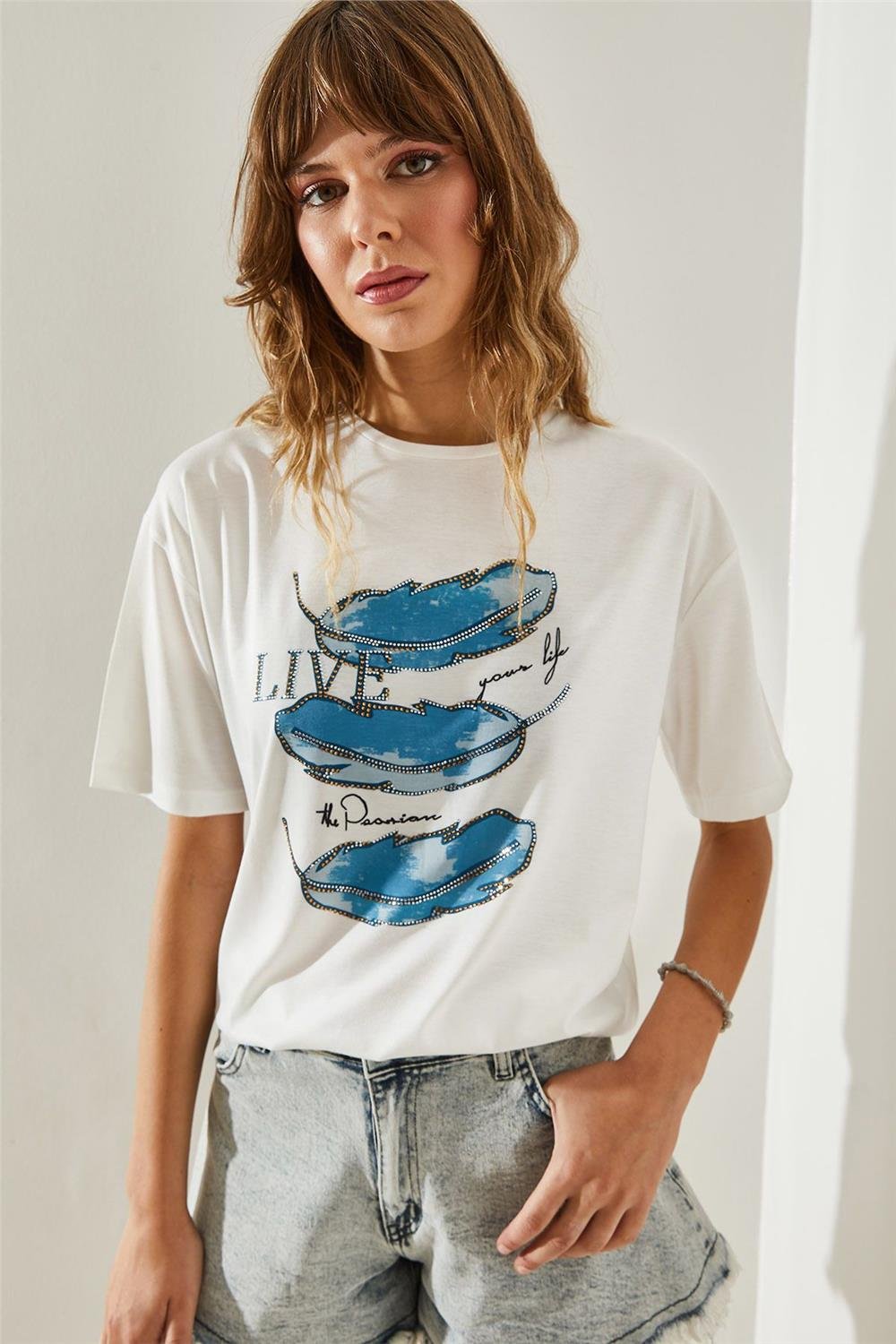 Kadın Dijital Baskılı Taş İşlemeli T-Shirt 60251383 - Mavi