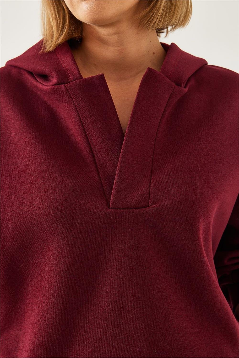 Kapişonlu V Yaka Sweatshirt 60351253 - Bordo