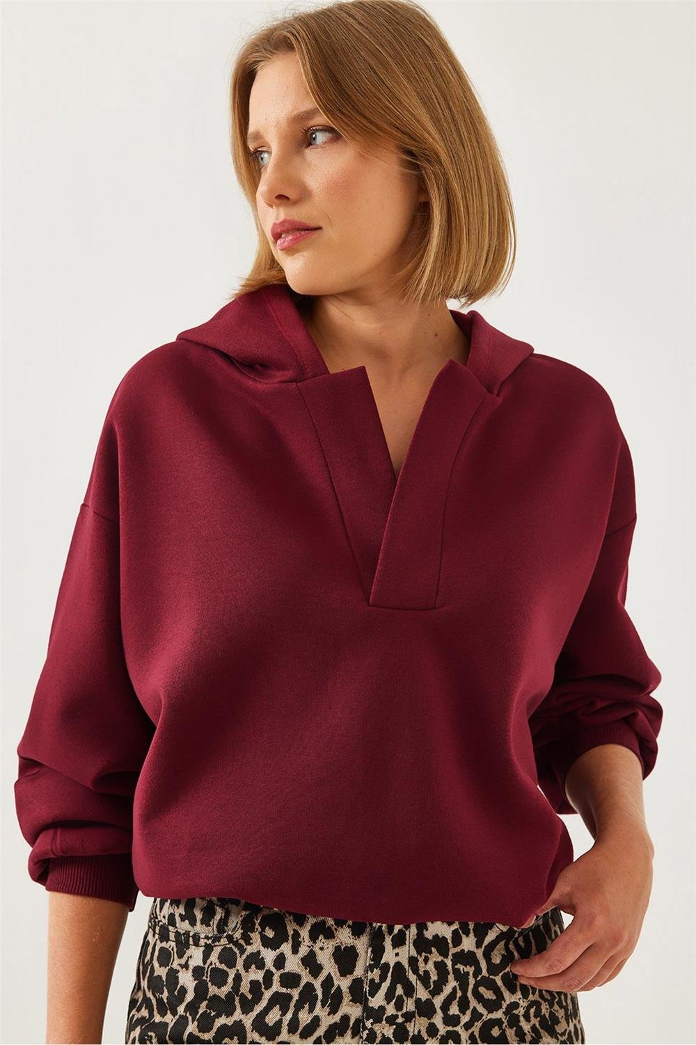 Kapişonlu V Yaka Sweatshirt 60351253 - Bordo