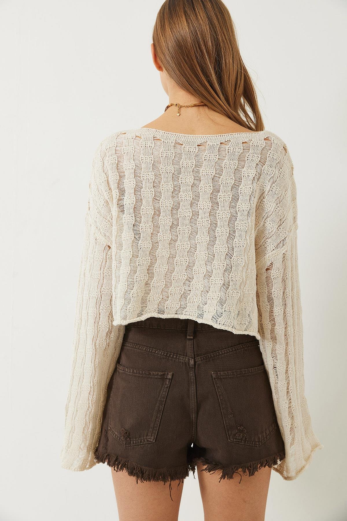 Kayık Yaka Uzun Kollu Ajurlu Örgü Oversize Crop Bluz 3575 60283094 - Bej