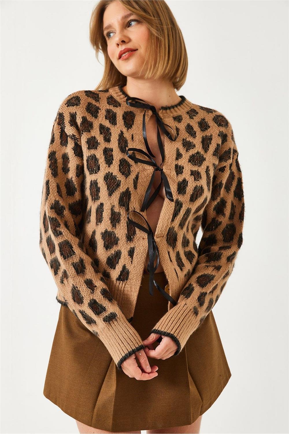 Leopar Desenli Triko Hırka 60261086 - Camel