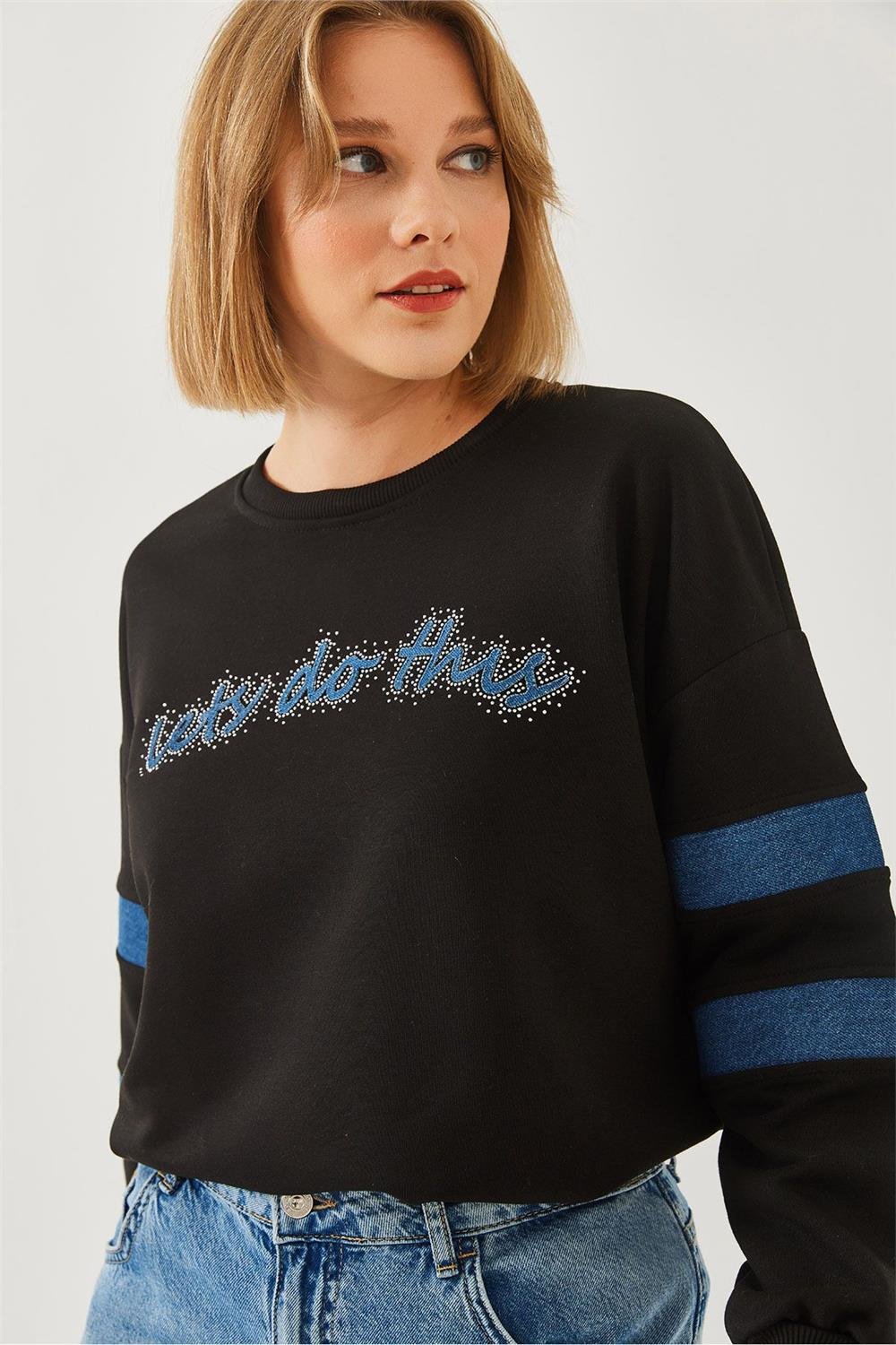 Şerit Kot Detaylı Taş İşlemeli Sweatshirt 60251842 - Siyah