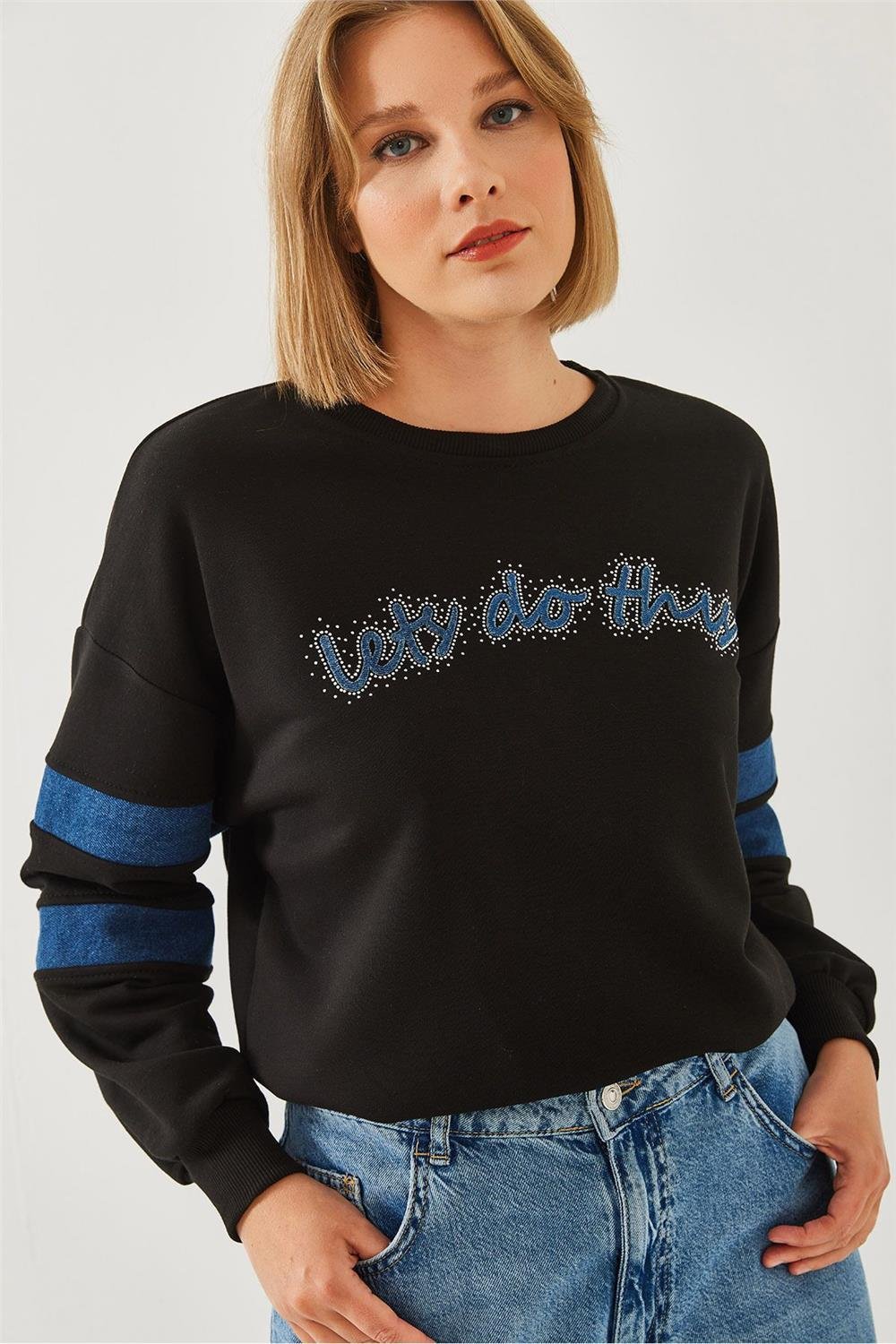 Şerit Kot Detaylı Taş İşlemeli Sweatshirt 60251842 - Siyah