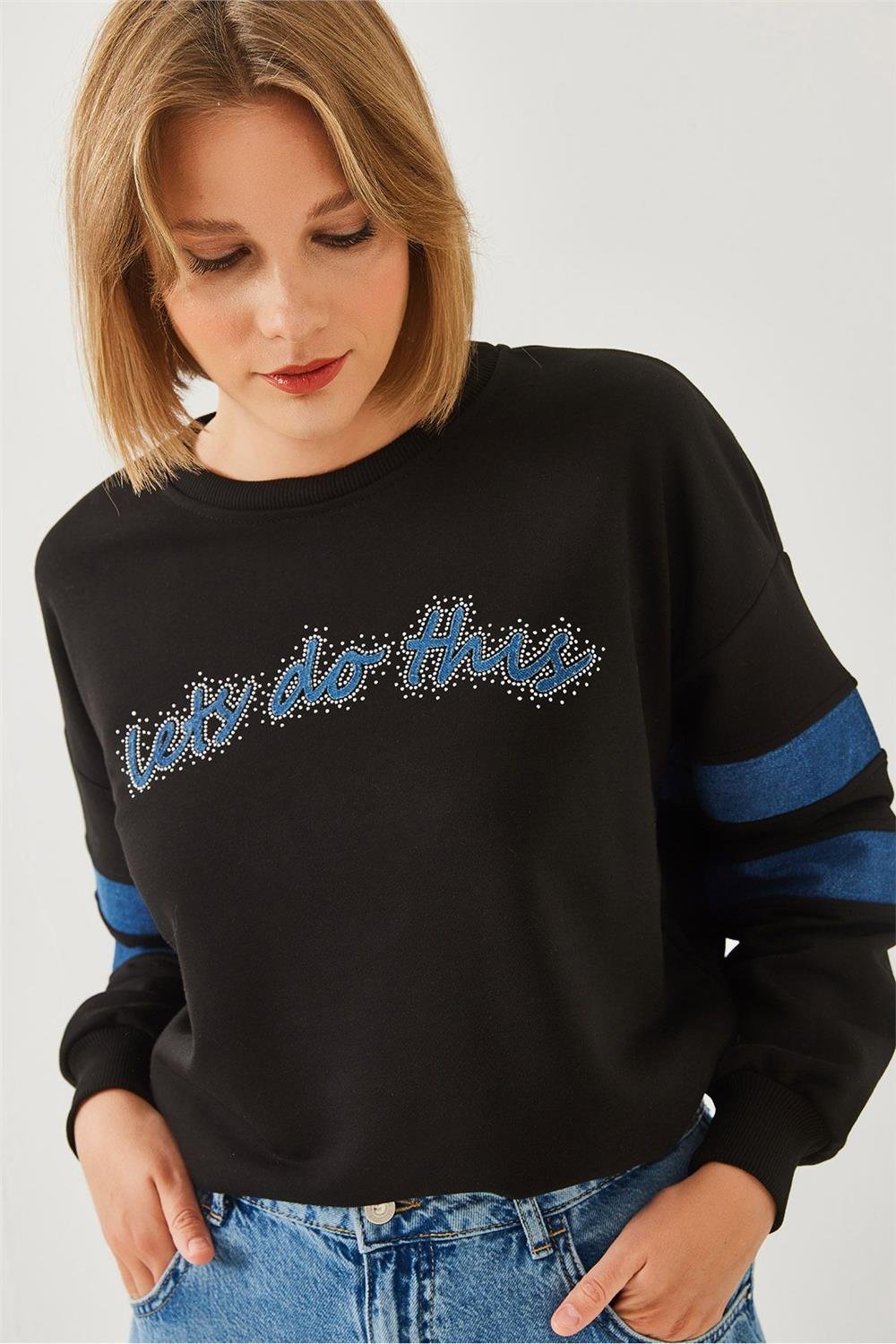 Şerit Kot Detaylı Taş İşlemeli Sweatshirt 60251842 - Siyah