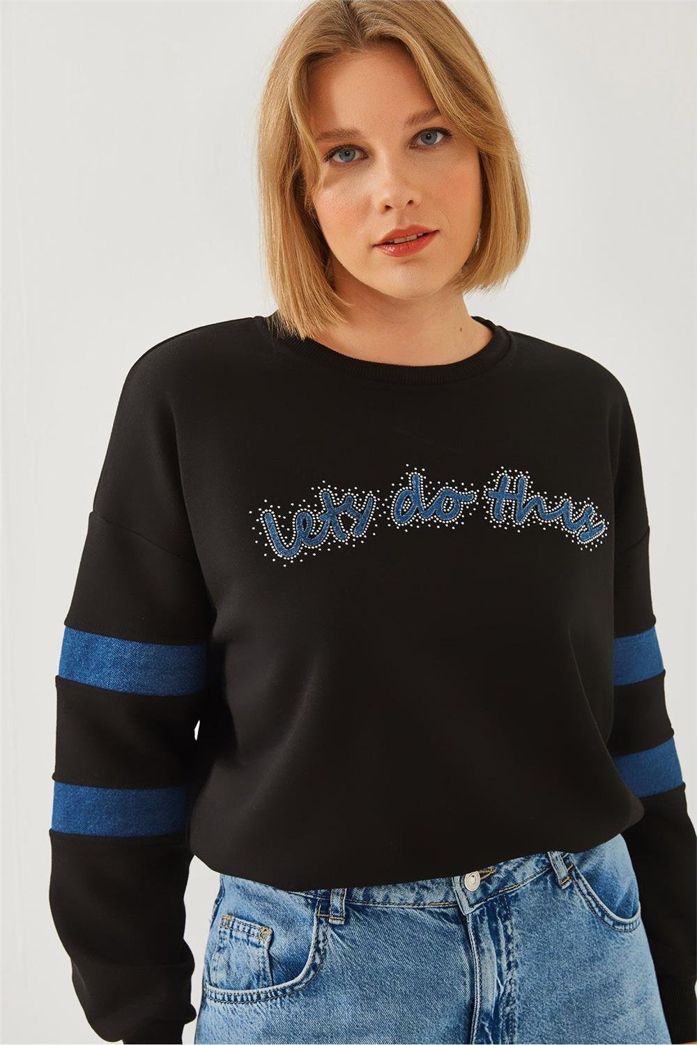 Şerit Kot Detaylı Taş İşlemeli Sweatshirt 60251842 - Siyah