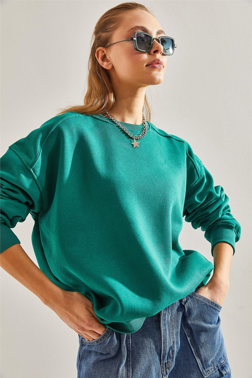Üç İplik Şardonlu Oversize Sweatshirt - Yeşil