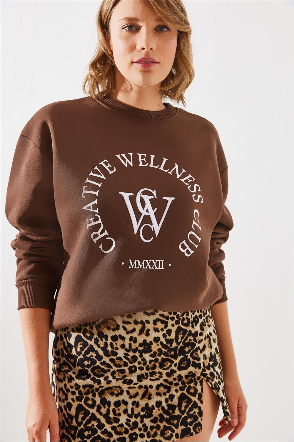 Üç İplik Şardonlu Yazılı Sweatshirt MBHS010 60601010 - Kahverengi