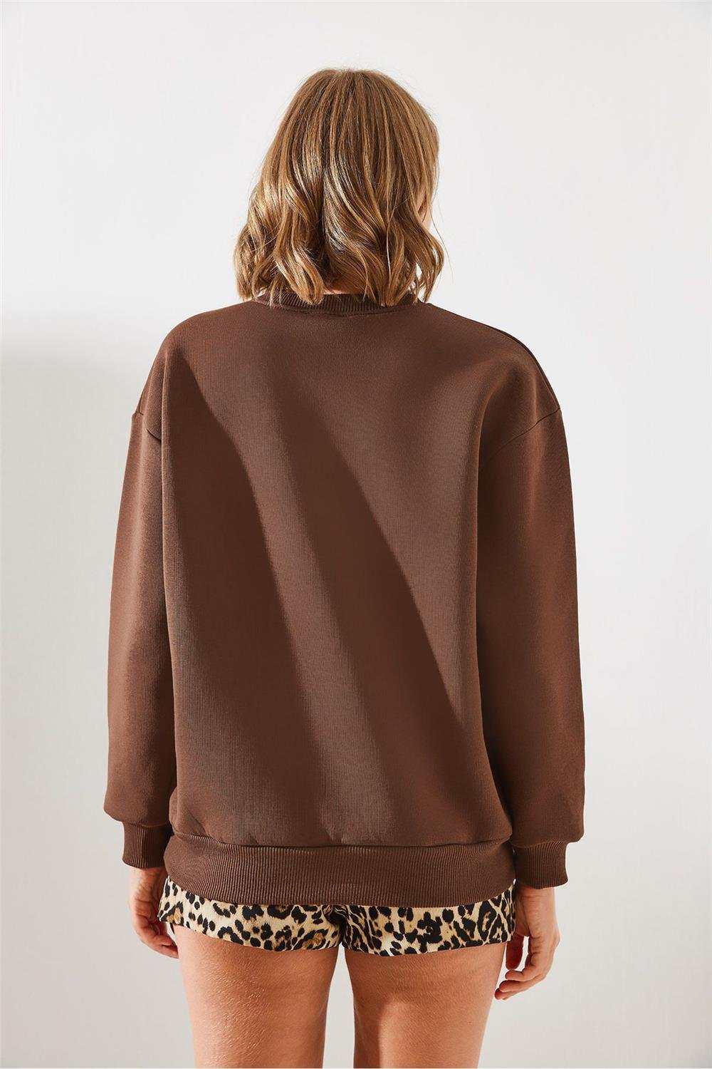 Üç İplik Şardonlu Yazılı Sweatshirt MBHS010 60601010 - Kahverengi