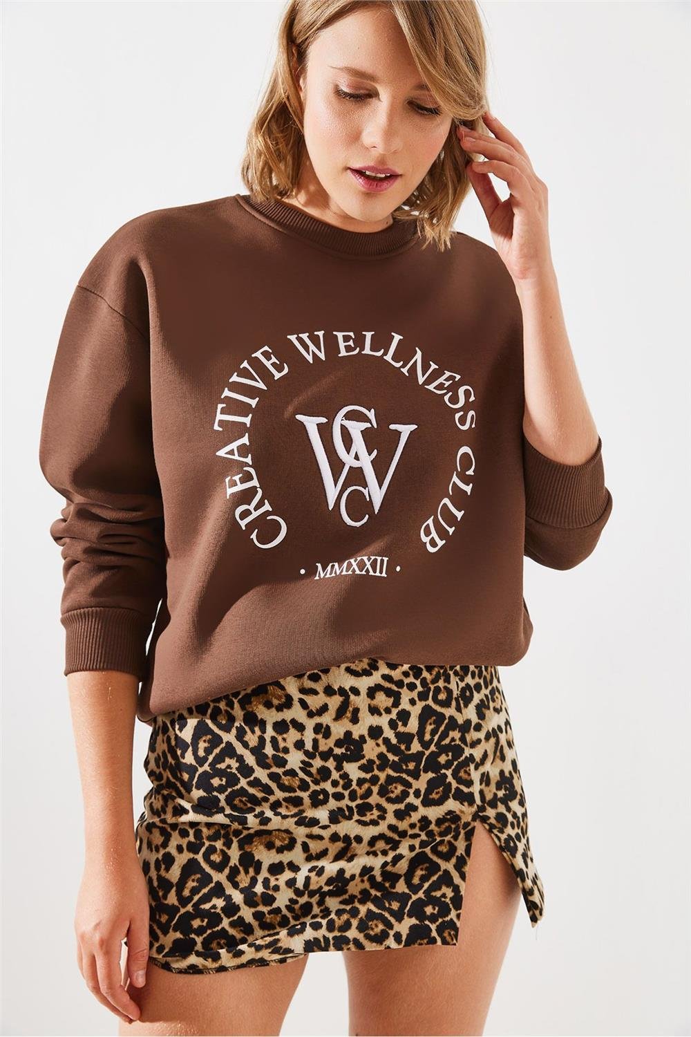 Üç İplik Şardonlu Yazılı Sweatshirt MBHS010 60601010 - Kahverengi