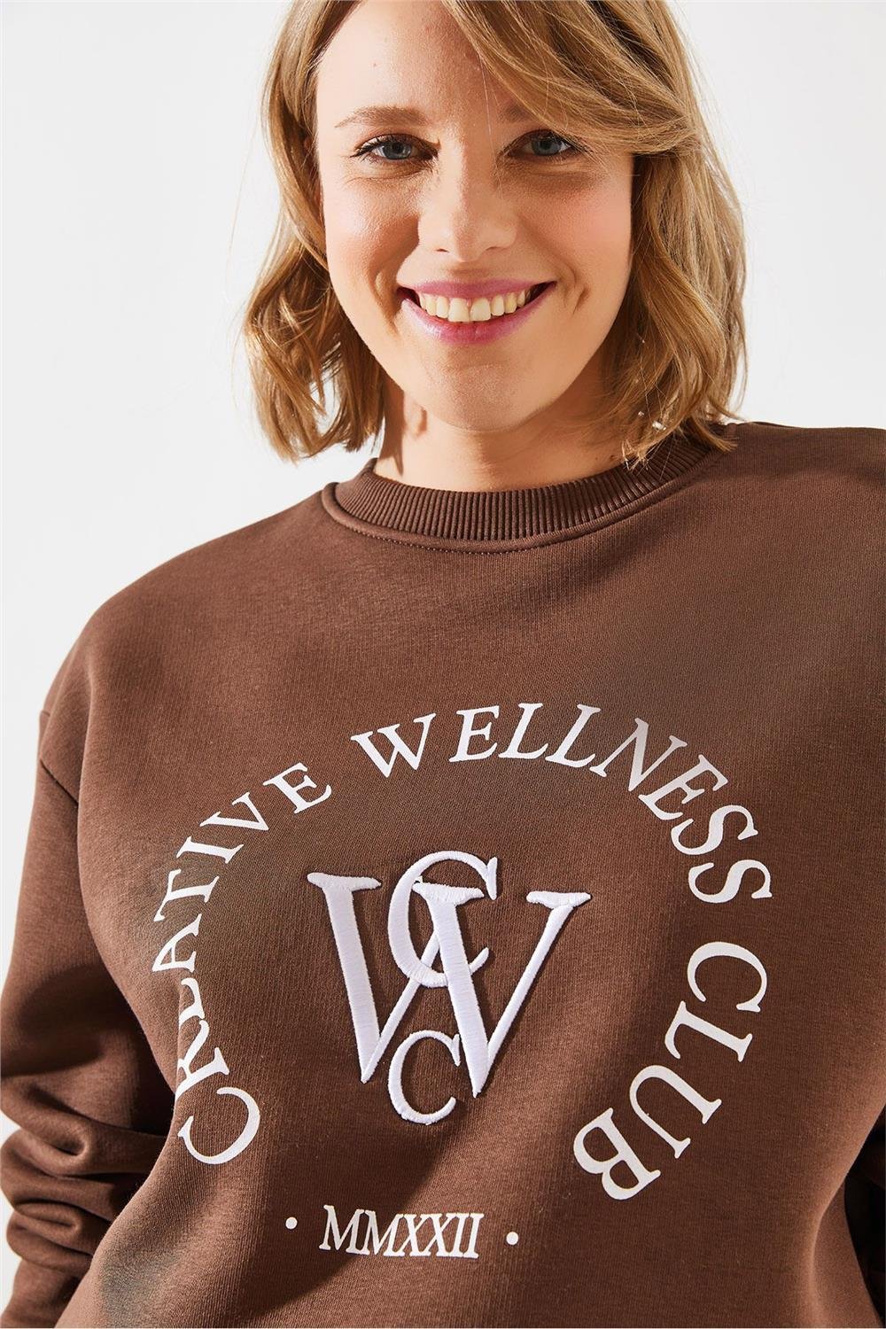 Üç İplik Şardonlu Yazılı Sweatshirt MBHS010 60601010 - Kahverengi