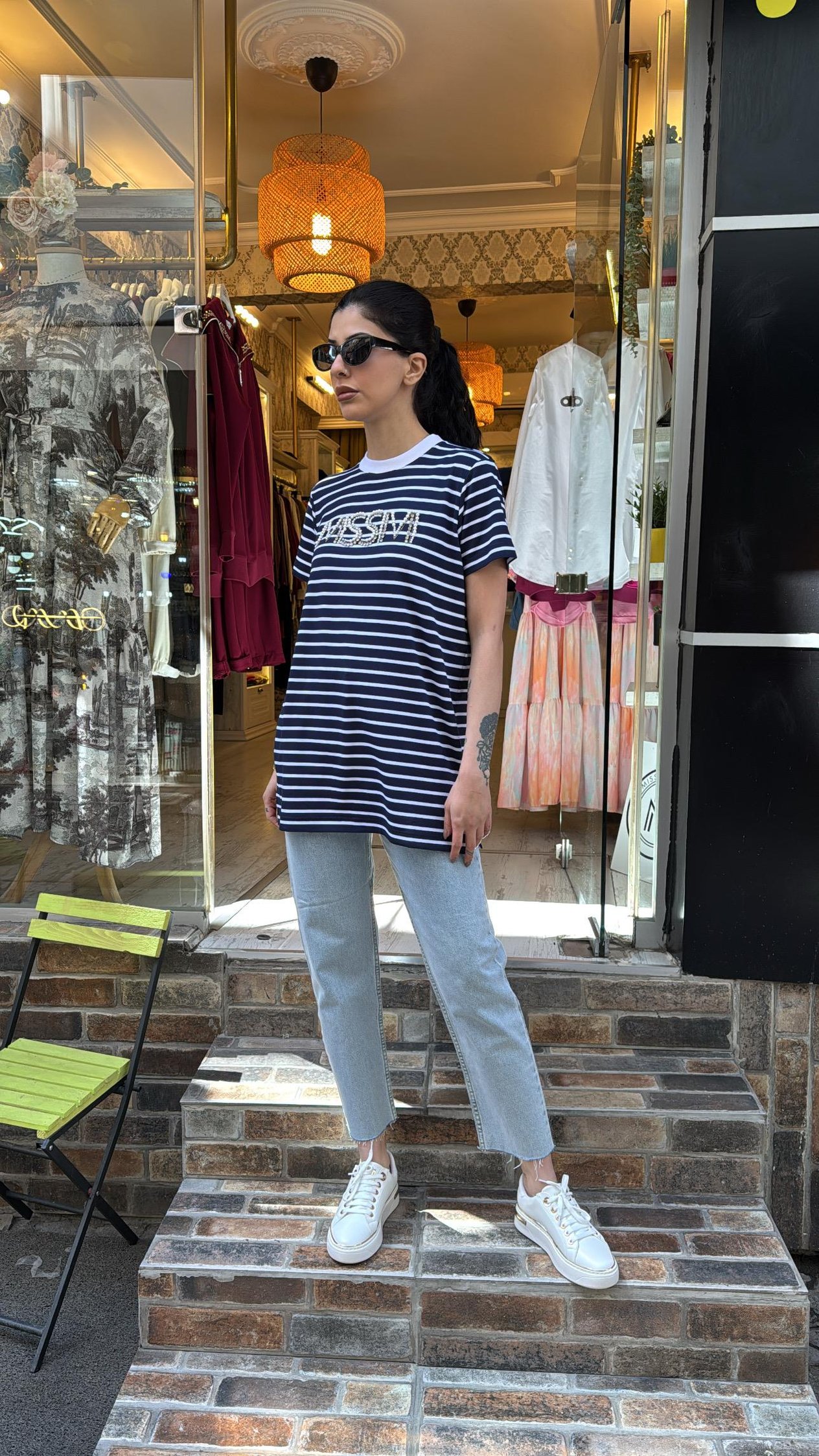 4734 Taşlı Çizgili Tshirt-Lacivert