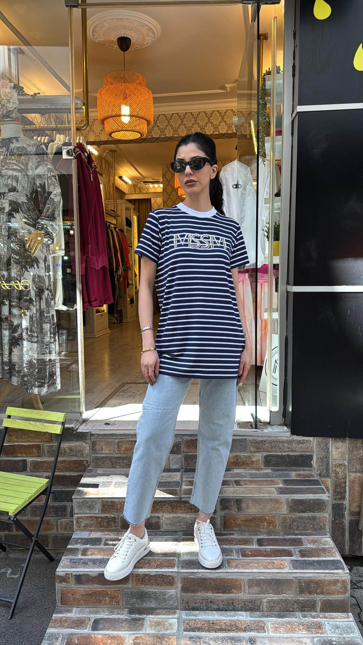 4734 Taşlı Çizgili Tshirt-Lacivert