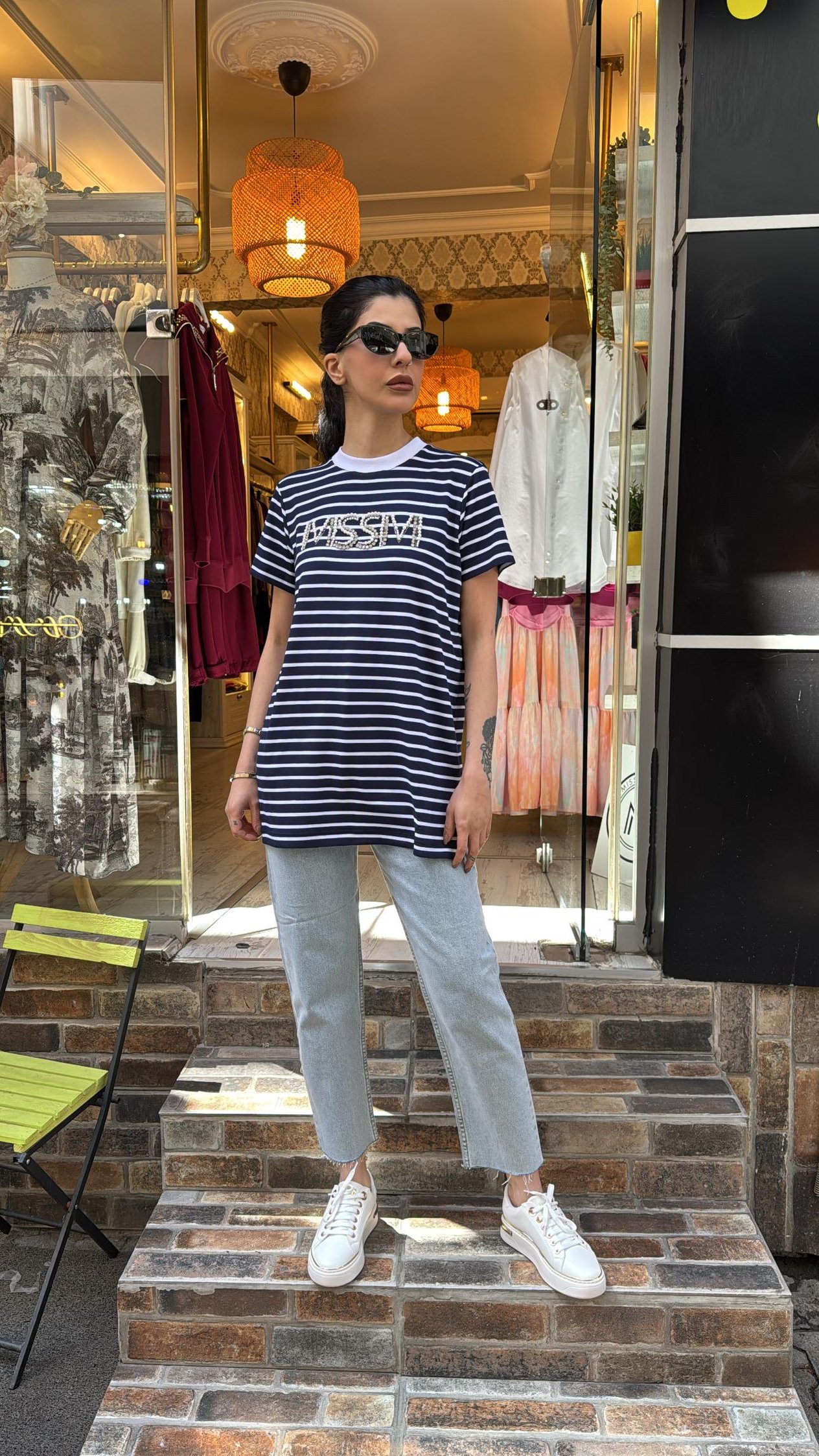 4734 Taşlı Çizgili Tshirt-Lacivert