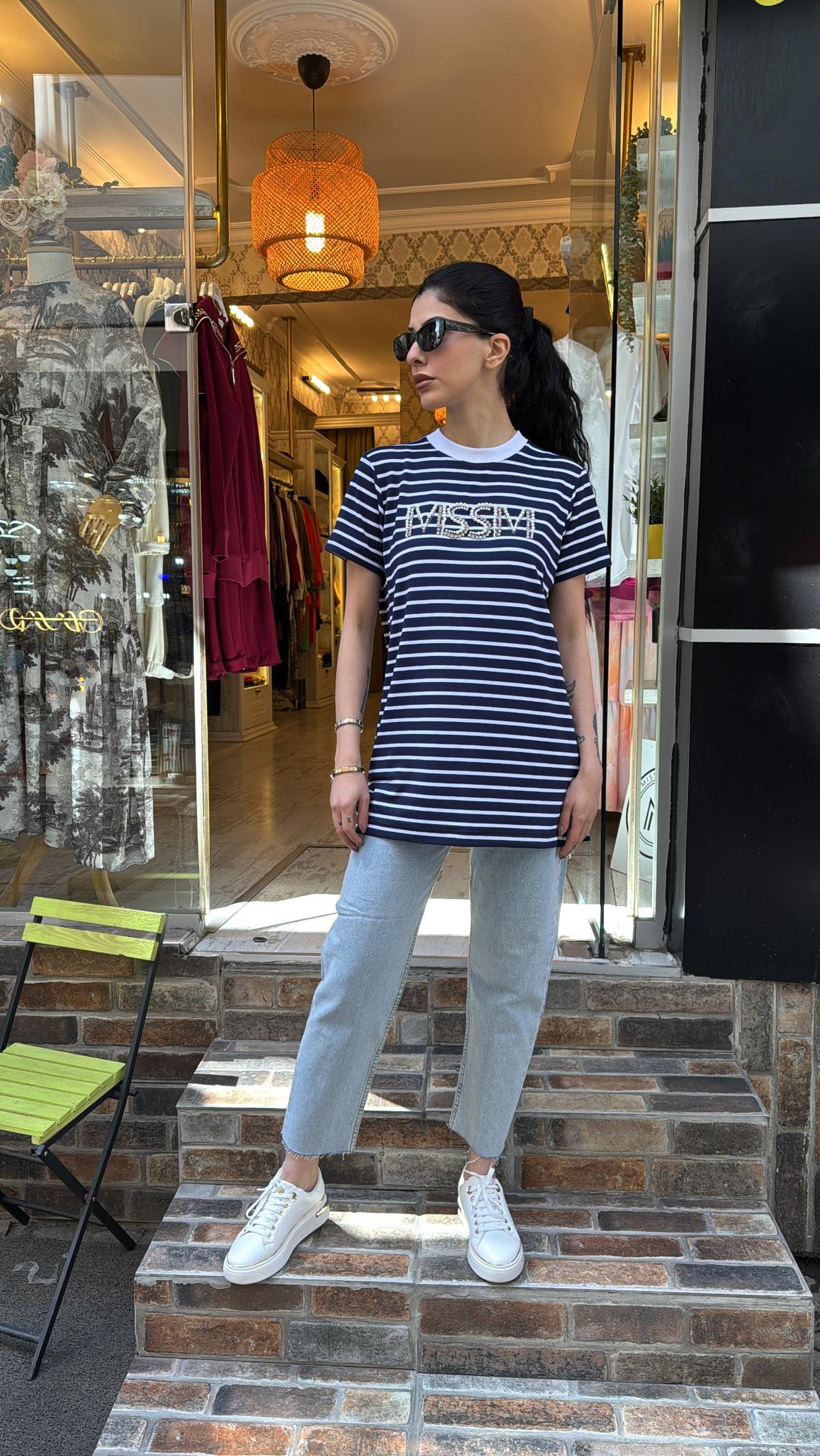 4734 Taşlı Çizgili Tshirt-Lacivert