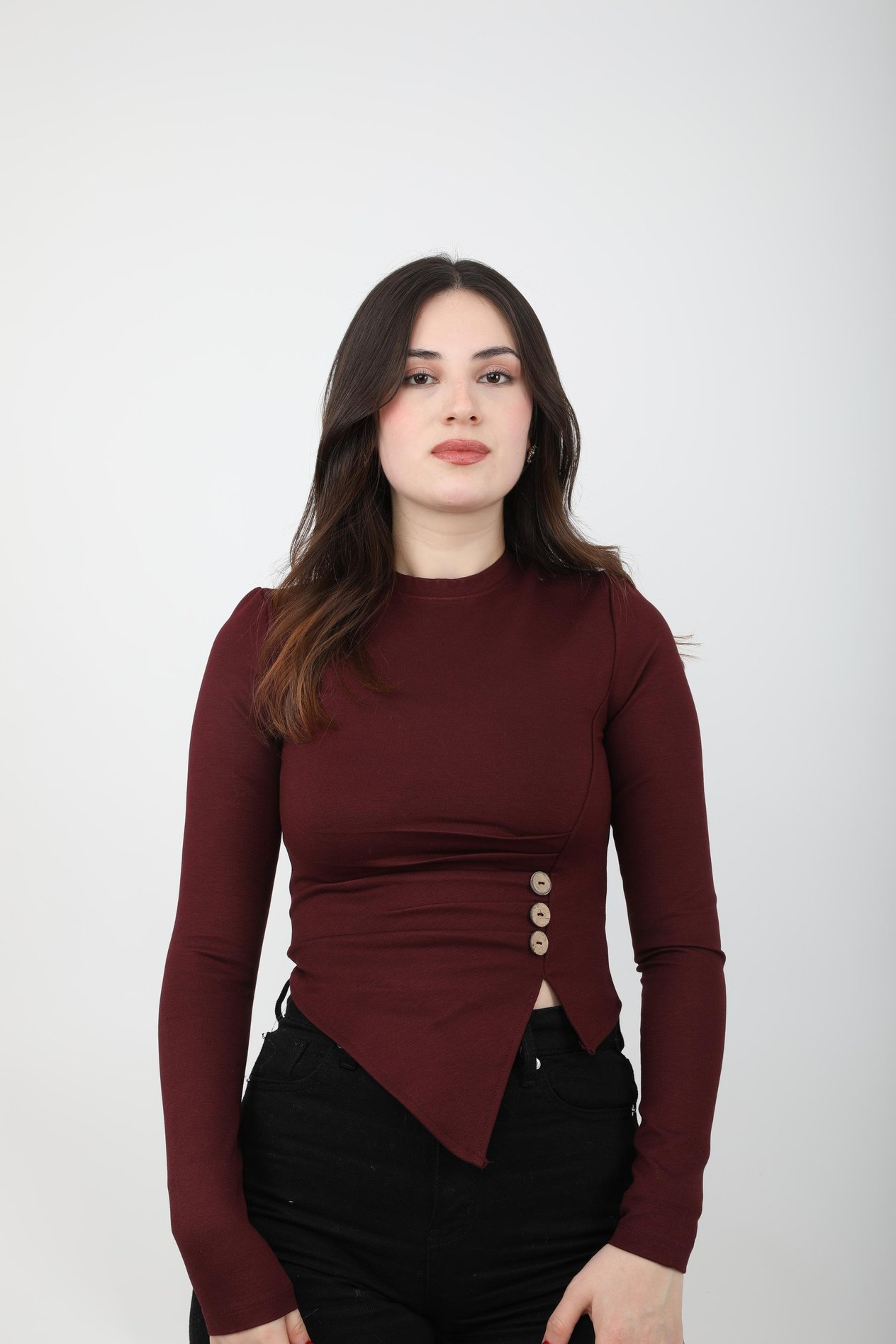 BLZ00S0111-MER 5563 DÜĞME DETAU UZUN KOL BLUZ-SAKIZ