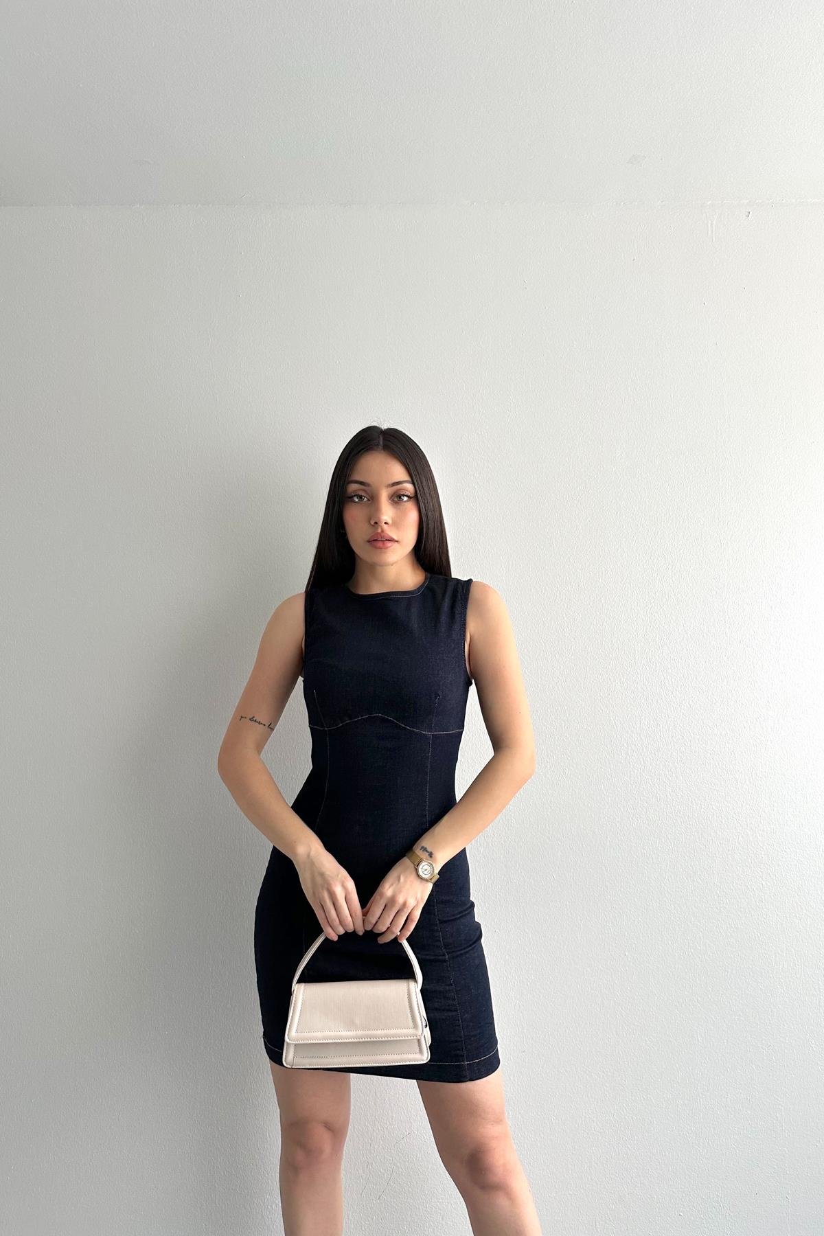 Dikiş Detay Denim Mini Elbise Lacivert