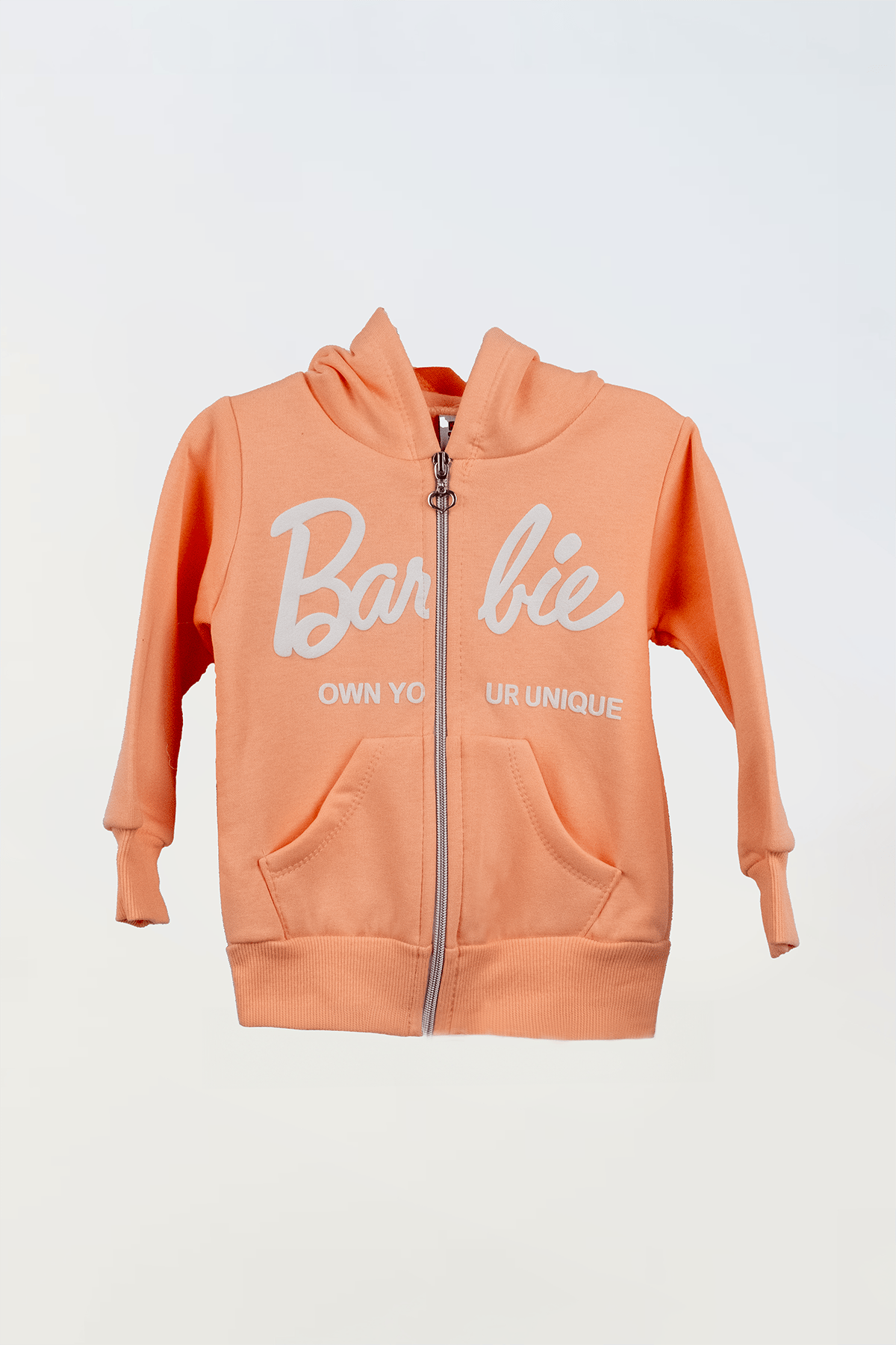 Barbie Desenli Kız Çocukları Kışlık Kapşonlu Fermuarlı Eşofman Takımı 