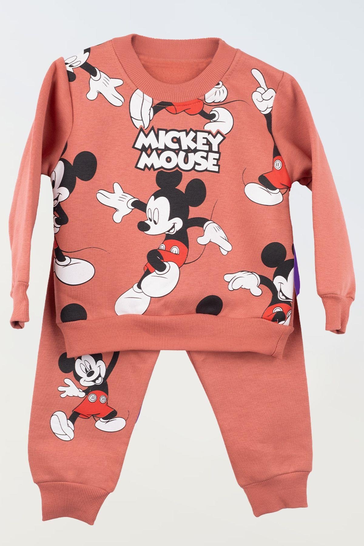 Gül Kurusu Mickey Mouse Detaylı Kışlık Eşofman Takımı 