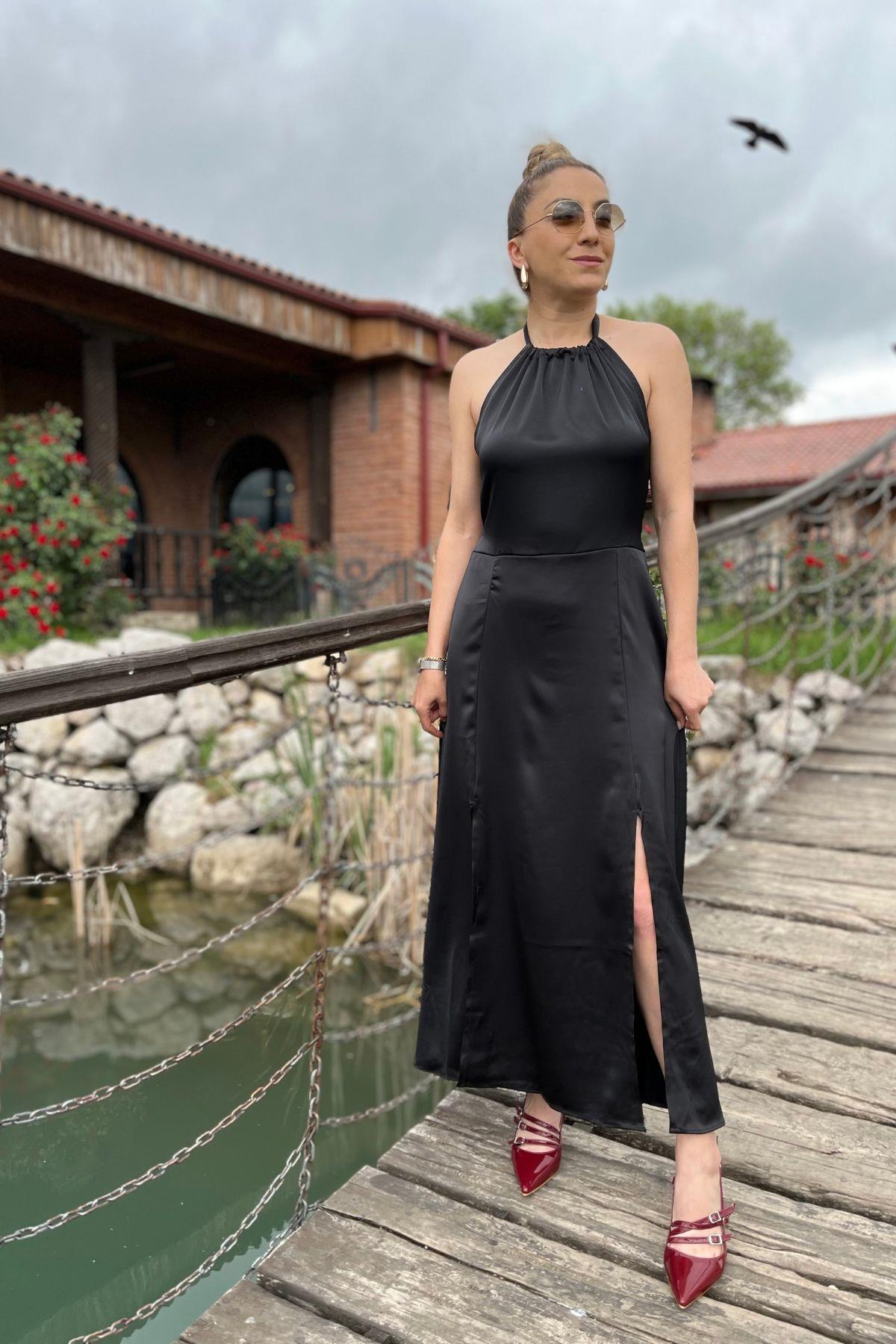 Yırtmaçlı Saten Elbise