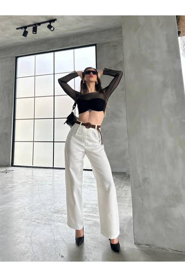 Beli kemerli keten pantolon