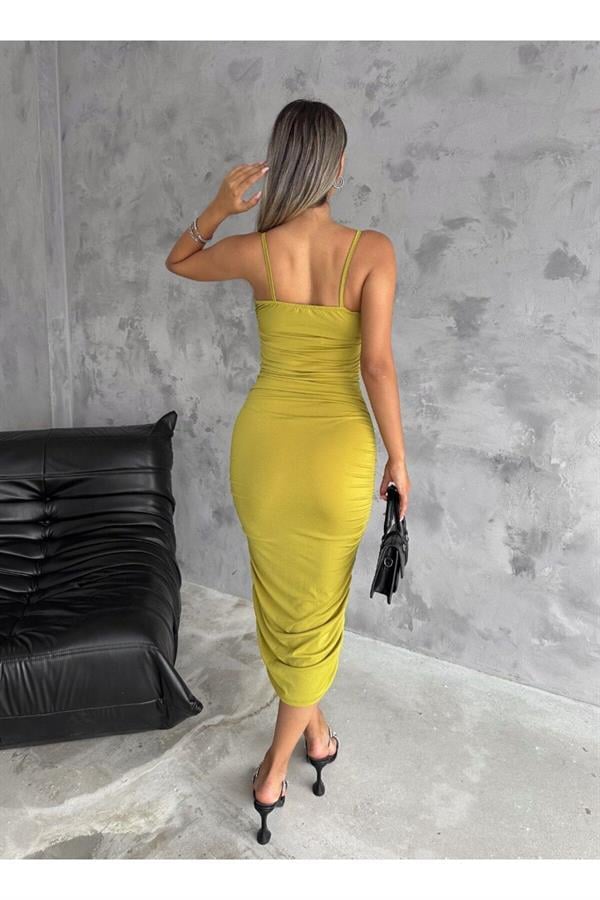 Büzgülü Sandy kumaş askılı elbise