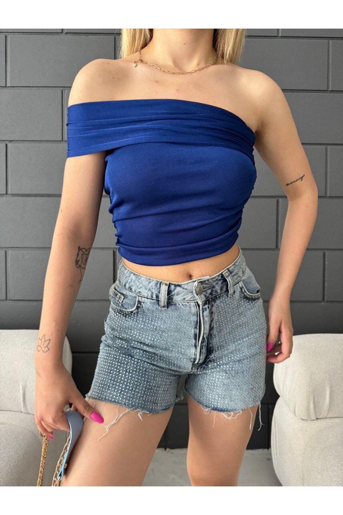 Düşük omuz buzzy kumaş bluz