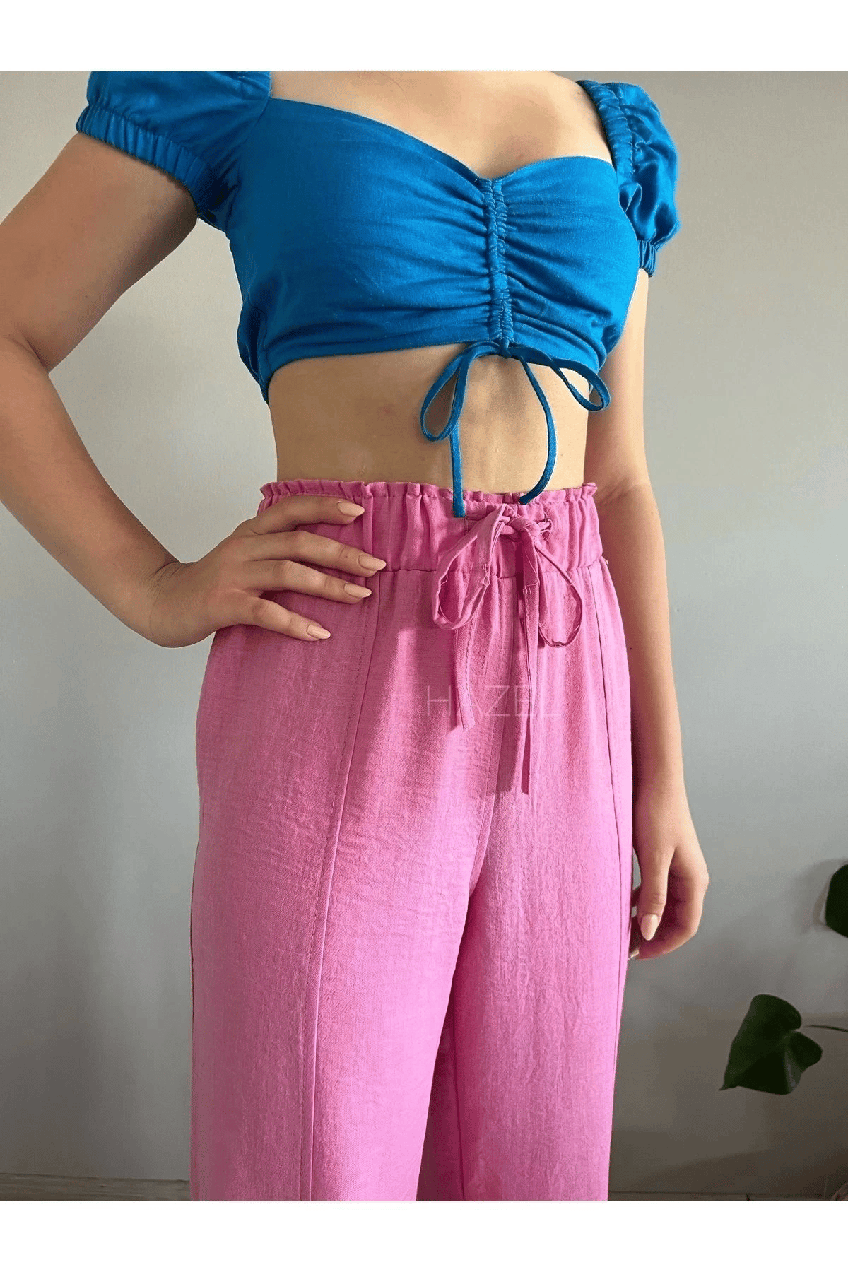 Kadın Pembe Yüksek Bel Önden yırtmaçlı Keten Pantolon