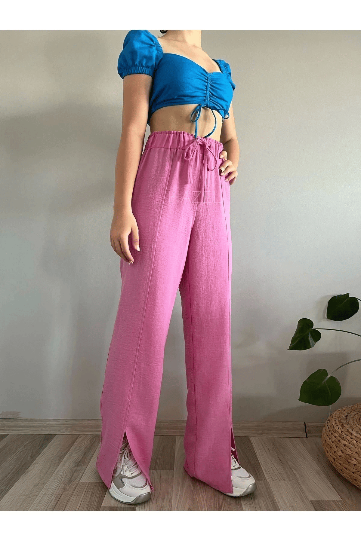 Kadın Pembe Yüksek Bel Önden yırtmaçlı Keten Pantolon