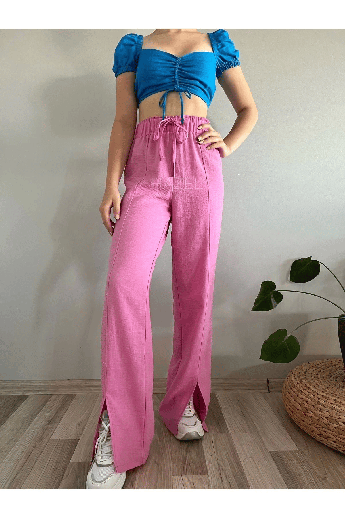 Kadın Pembe Yüksek Bel Önden yırtmaçlı Keten Pantolon