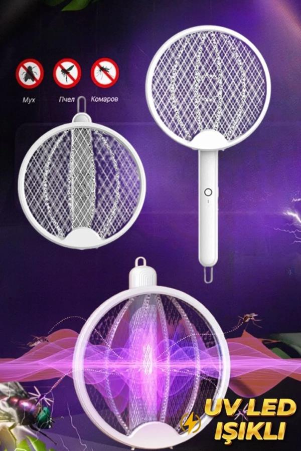 Beyaz Şarjlı Sinek Cız Raketi Led Işıklı Hem Raket Hem Masaüstü Gece Lambası XLR101