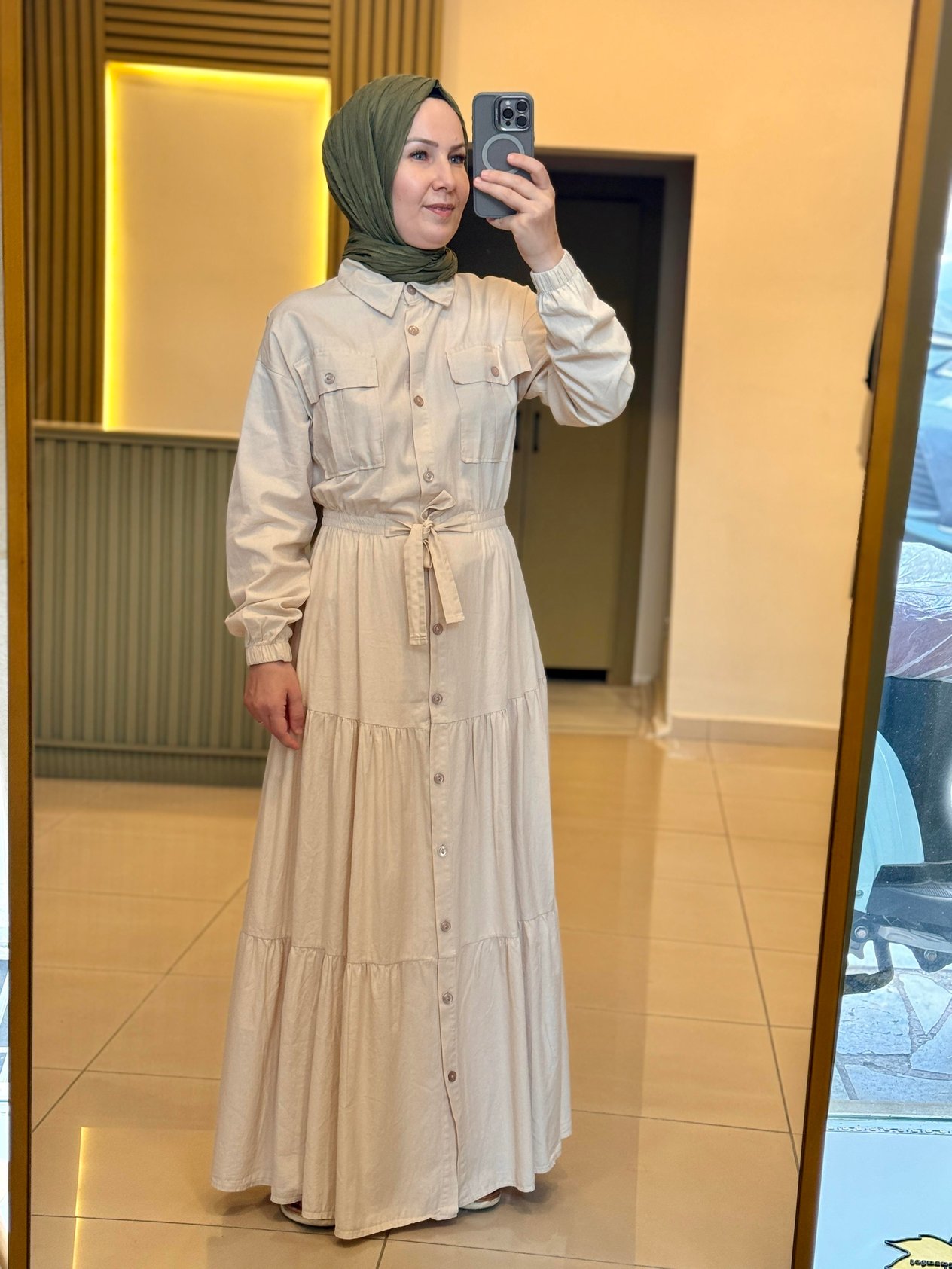 Gabardın Kumaş Cepli Elbise- krem