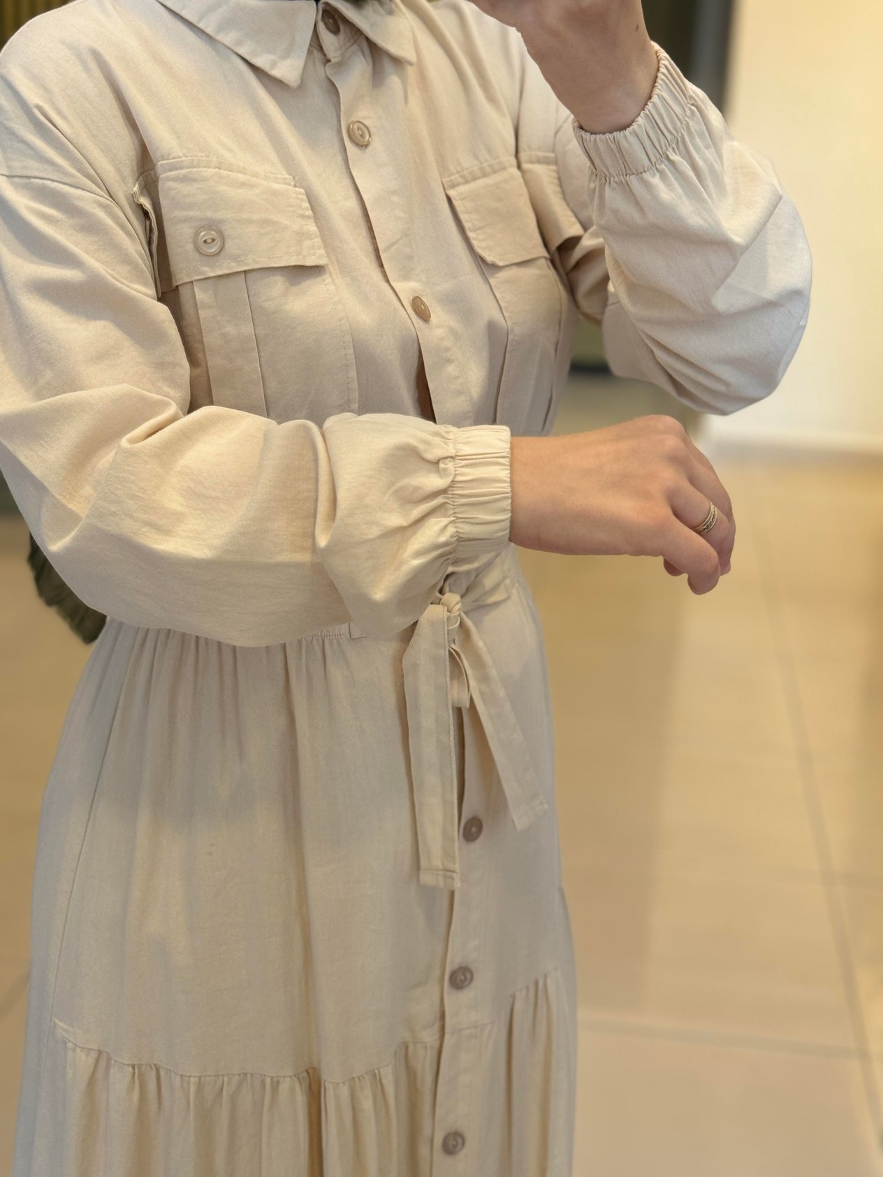 Gabardın Kumaş Cepli Elbise- krem
