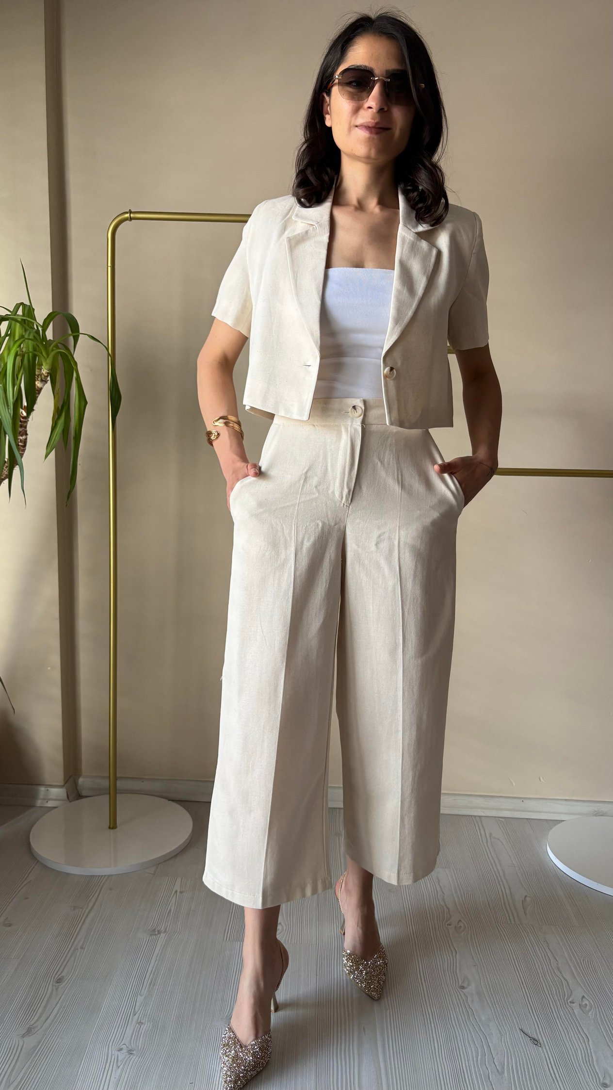 Ekru  Keten Kısa kol Blazer Pantolon Takım