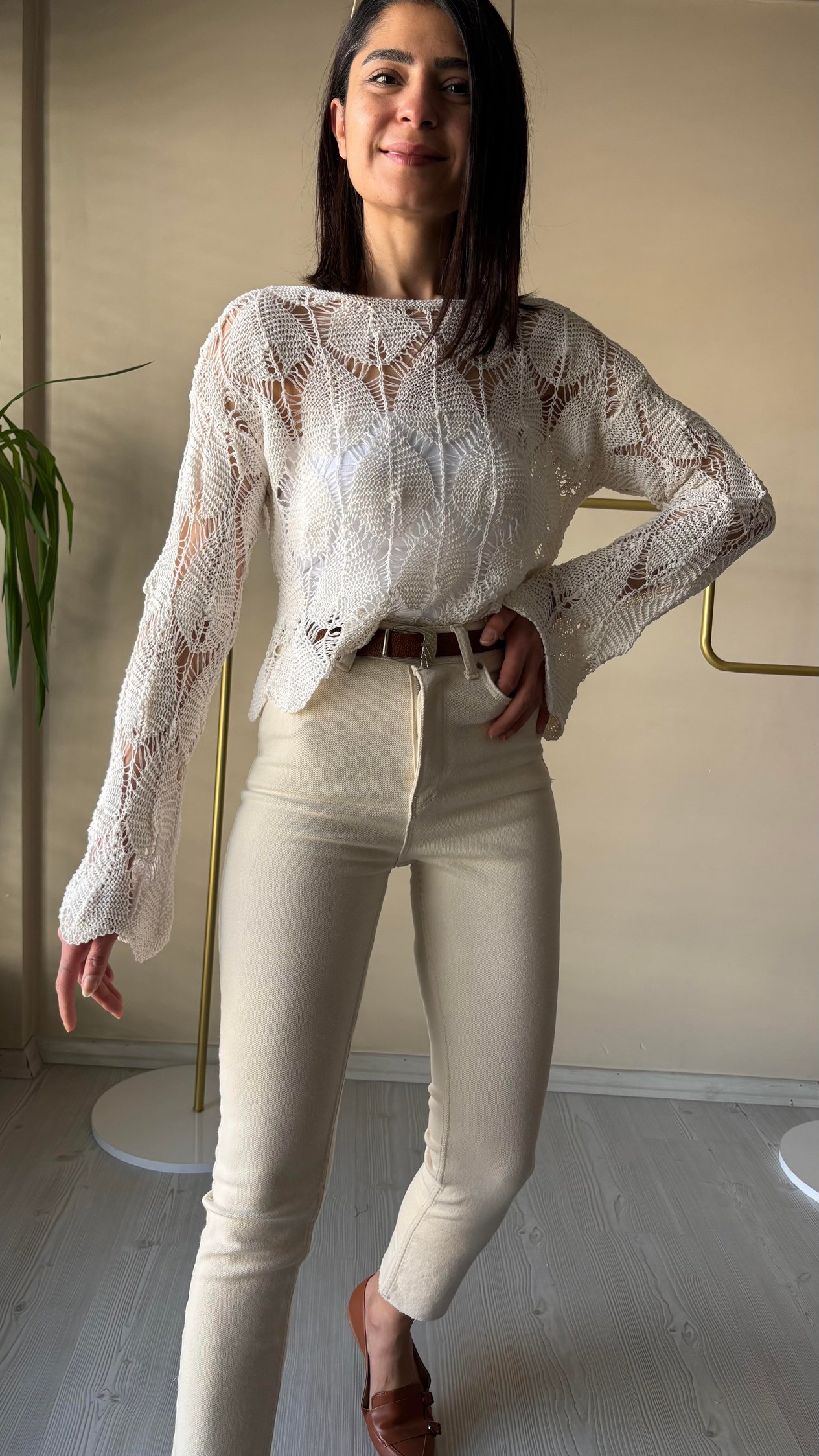 Kemerli Ekru Lazer kesim Slimmomfit Pantolon 
