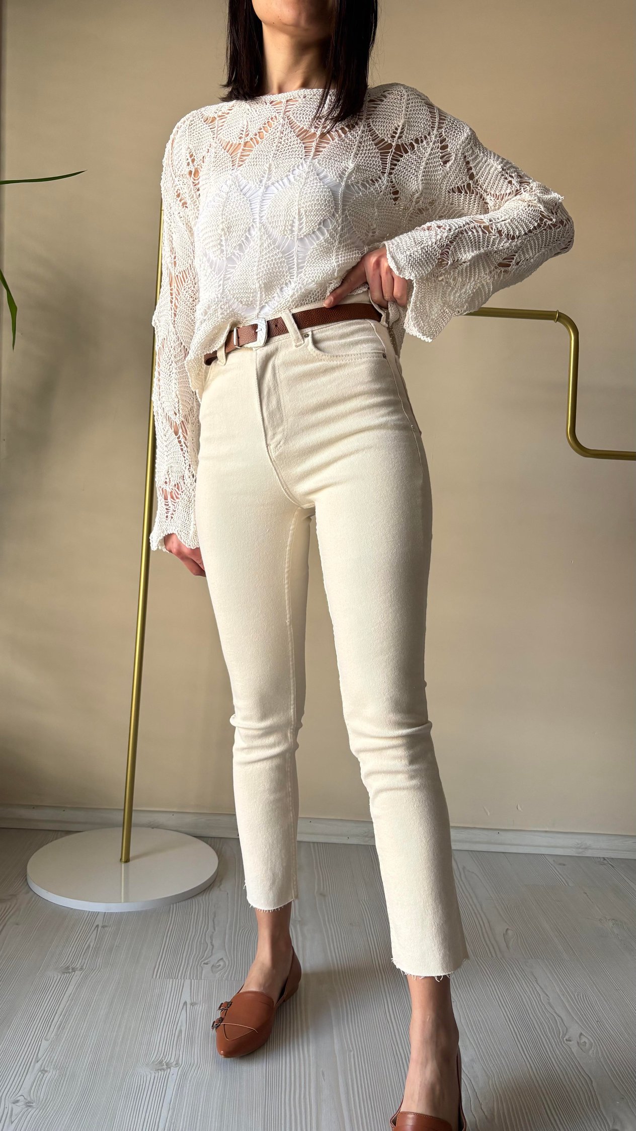 Kemerli Ekru Lazer kesim Slimmomfit Pantolon 